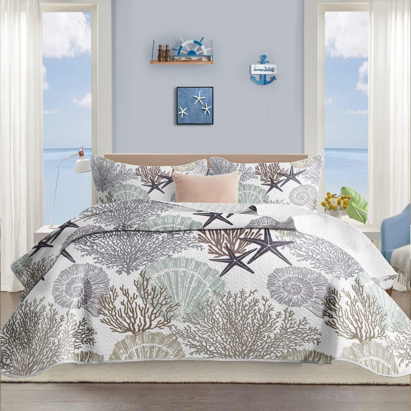 Tritard 3 Piece Coastal Quilt Sets Full/Queen Size - Reversible Microfiber Quilts with 2 Shams Soft Lightweight Beach Bedding Nautical Bedspread Summer Comforter Set for All Season  90''x96''  C2 - Image 1